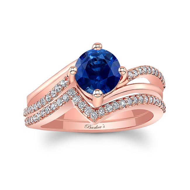 Rose Gold Blue Sapphire And Diamond Split Shank Wedding Set