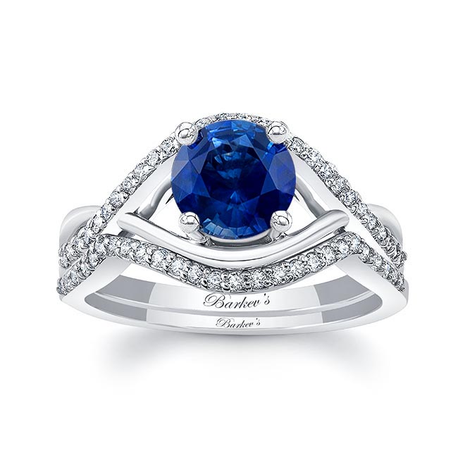 White Gold Blue Sapphire And Diamond Criss Cross Ring Set