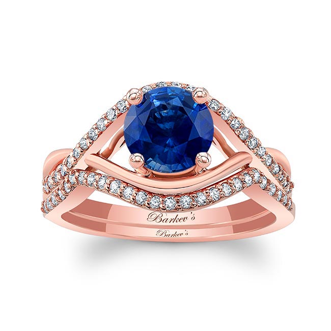 Rose Gold Lab Grown Blue Sapphire And Diamond Criss Cross Ring Set