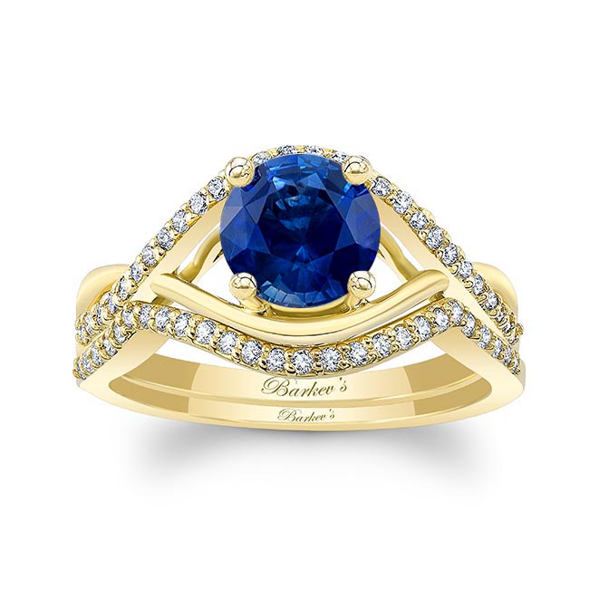 Yellow Gold Lab Grown Blue Sapphire And Diamond Criss Cross Ring Set
