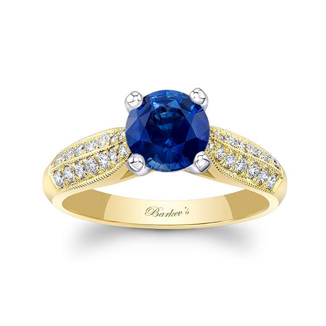 Yellow Gold 2 Row Blue Sapphire And Diamond Ring