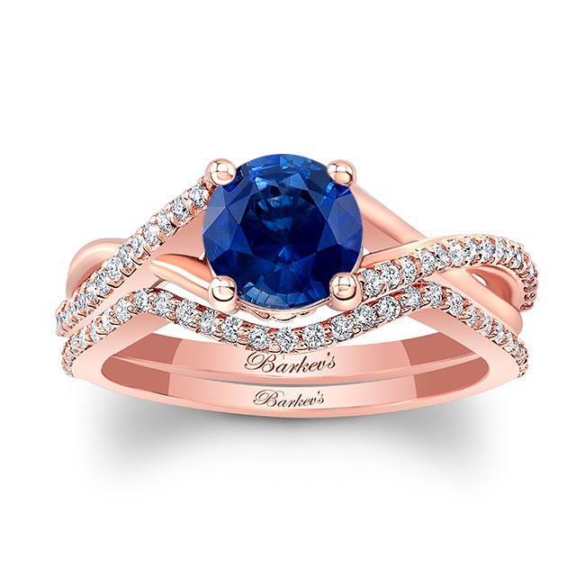 Rose Gold One Carat Blue Sapphire And Diamond Bridal Set