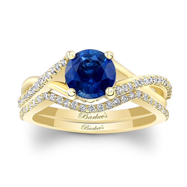 Yellow Gold One Carat Lab Grown Blue Sapphire And Diamond Bridal Set