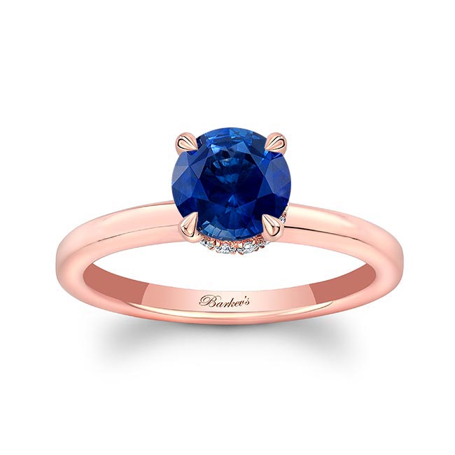 Rose Gold Round Hidden Halo Blue Sapphire And Diamond Engagement Ring
