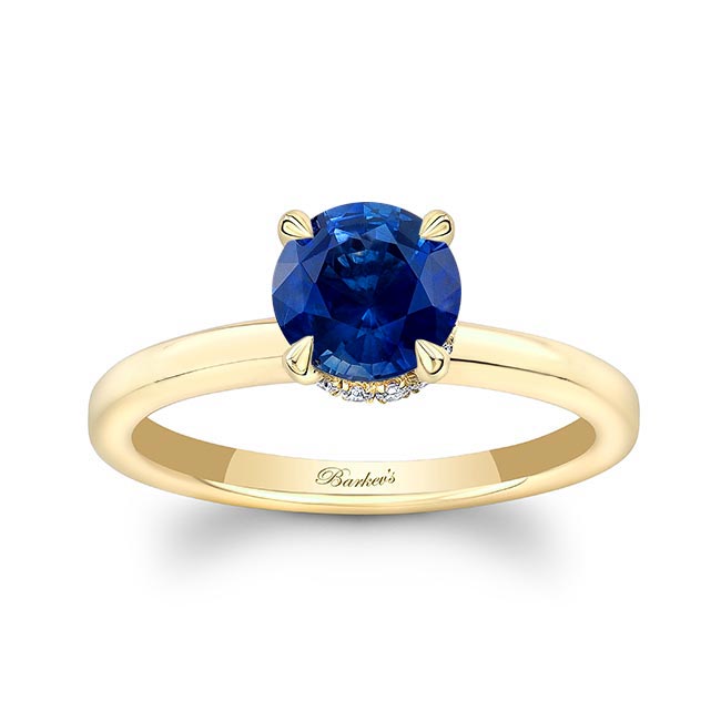 Yellow Gold Round Hidden Halo Lab Grown Blue Sapphire And Diamond Engagement Ring