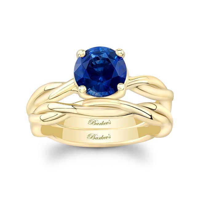 Yellow Gold Lab Grown Blue Sapphire Twist Solitaire Bridal Set