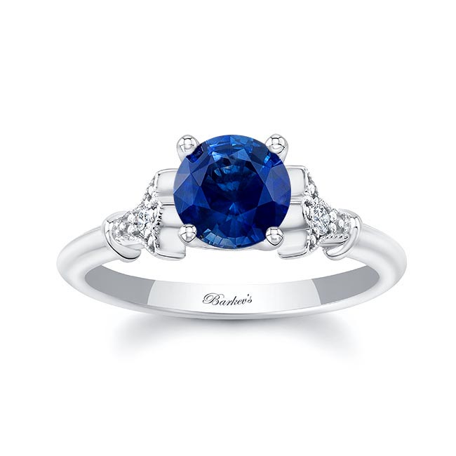 White Gold Petite Leaf Lab Grown Blue Sapphire And Diamond Engagement Ring