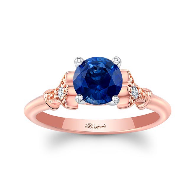 Rose Gold Petite Leaf Lab Grown Blue Sapphire And Diamond Engagement Ring