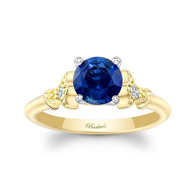 Yellow Gold Petite Leaf Blue Sapphire And Diamond Engagement Ring