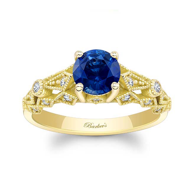 Yellow Gold Vintage Lab Grown Blue Sapphire And Diamond Ring