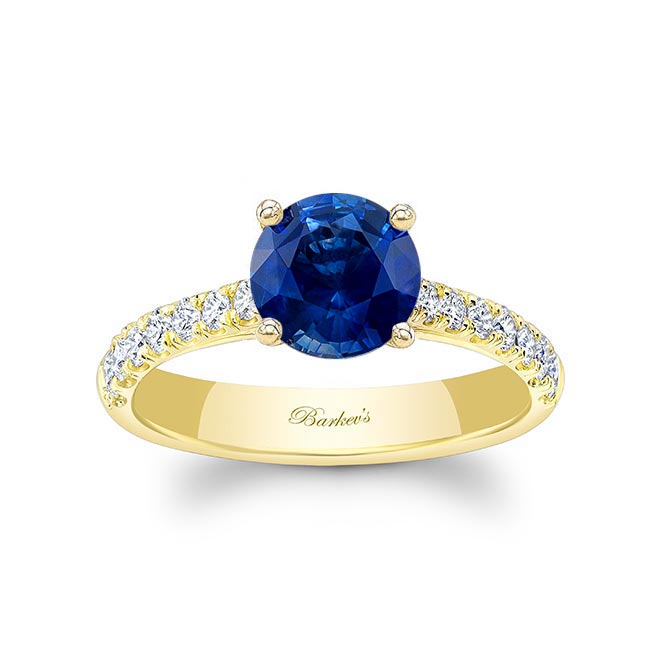 Yellow Gold Round Lab Grown Blue Sapphire And Diamond Engagement Ring