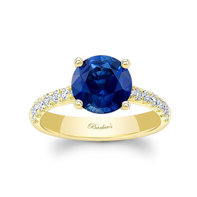 Yellow Gold 3 Carat Round Lab Grown Blue Sapphire And Diamond Engagement Ring