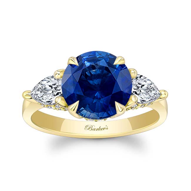 Yellow Gold 3 Carat Round Lab Grown Blue Sapphire And Diamond Ring