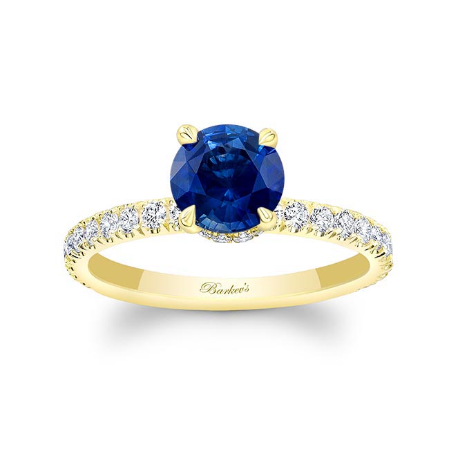 Yellow Gold Lab Grown Blue Sapphire And Diamond Halo Engagement Ring