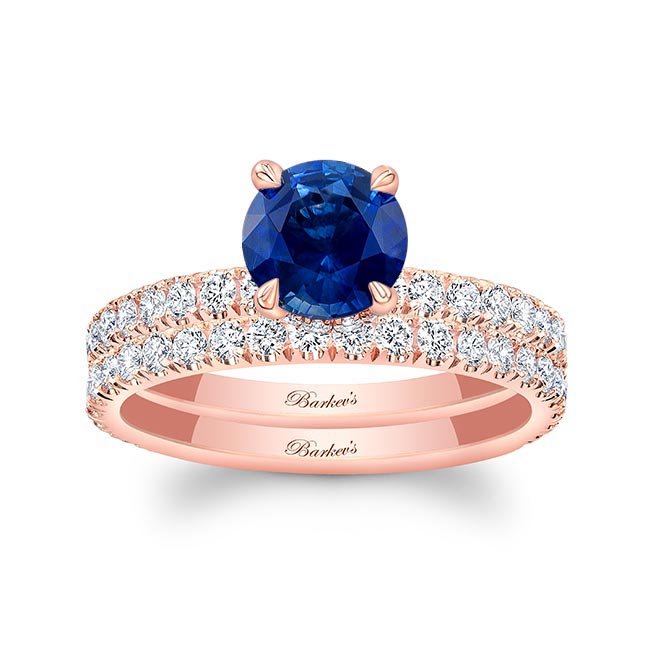 Rose Gold Blue Sapphire And Diamond Halo Wedding Set