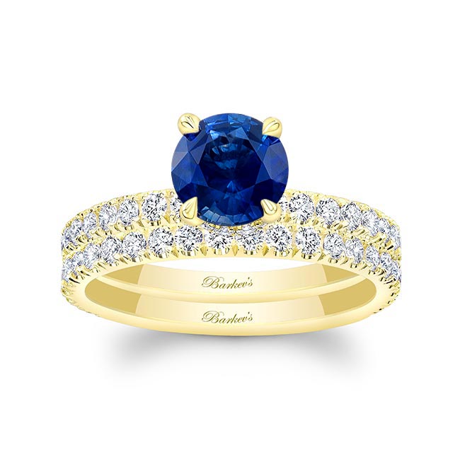 Yellow Gold Blue Sapphire And Diamond Halo Wedding Set