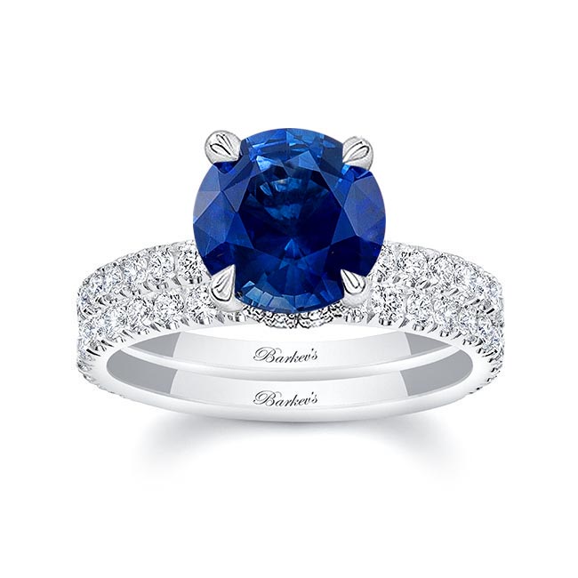 3 Carat Lab Grown Blue Sapphire And Diamond Halo Wedding Set | Barkev's