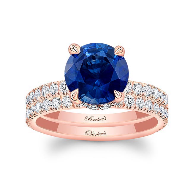 Rose Gold 3 Carat Blue Sapphire And Diamond Halo Wedding Set