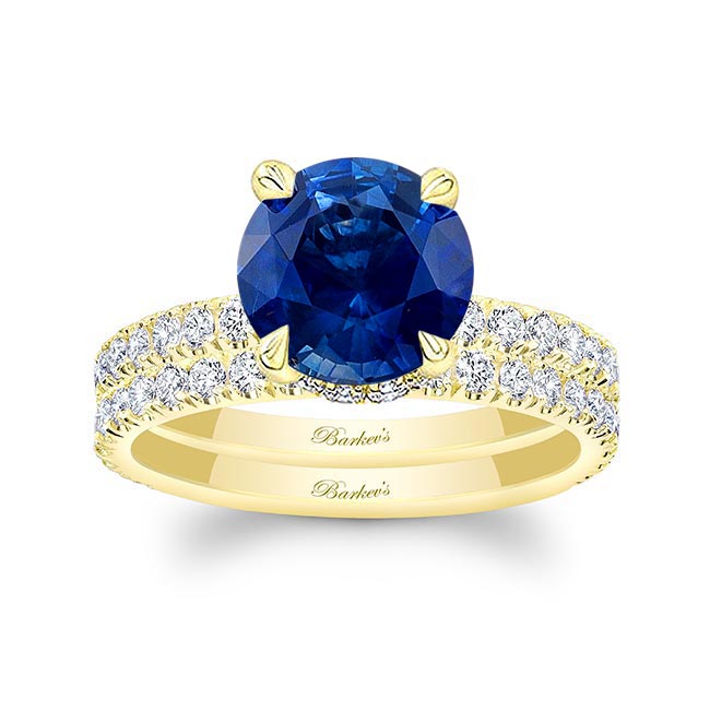 Yellow Gold 3 Carat Blue Sapphire And Diamond Halo Wedding Set