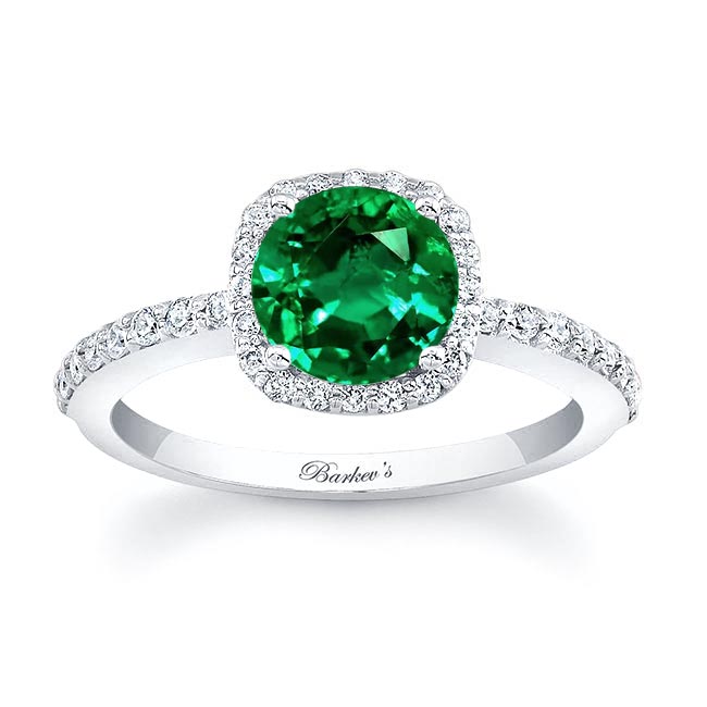 White Gold 1 Carat Round Emerald And Diamond Halo Engagement Ring
