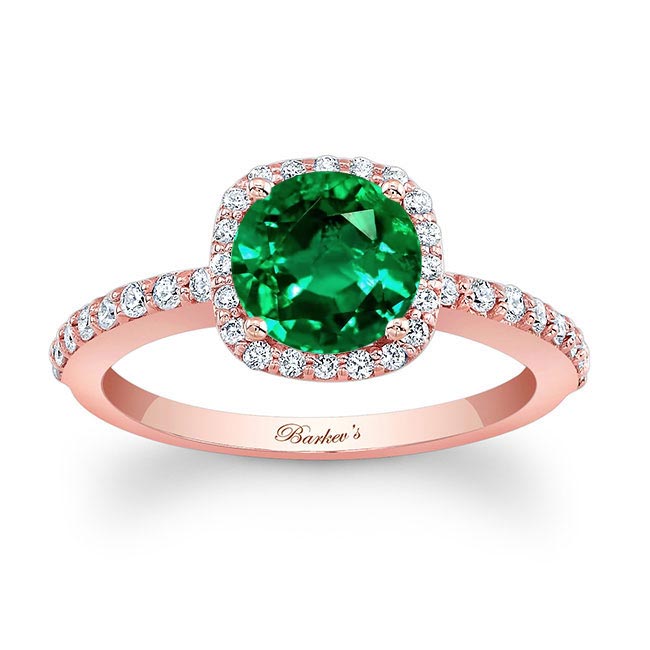 Rose Gold 1 Carat Round Emerald And Diamond Halo Engagement Ring