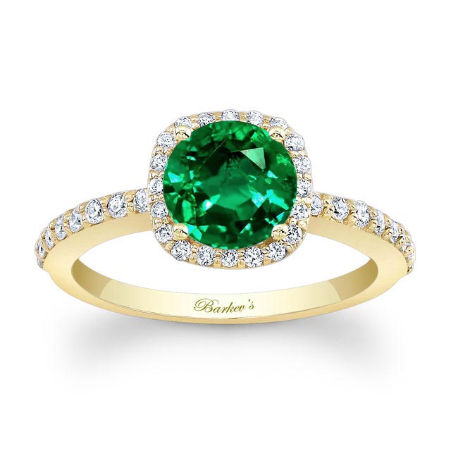 Yellow Gold 1 Carat Round Lab Emerald And Diamond Halo Engagement Ring