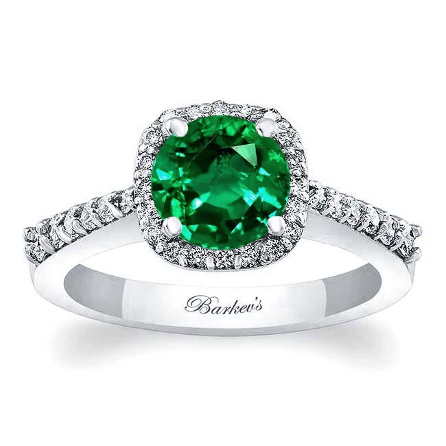 White Gold Round Lab Grown Emerald And Diamond Halo Ring