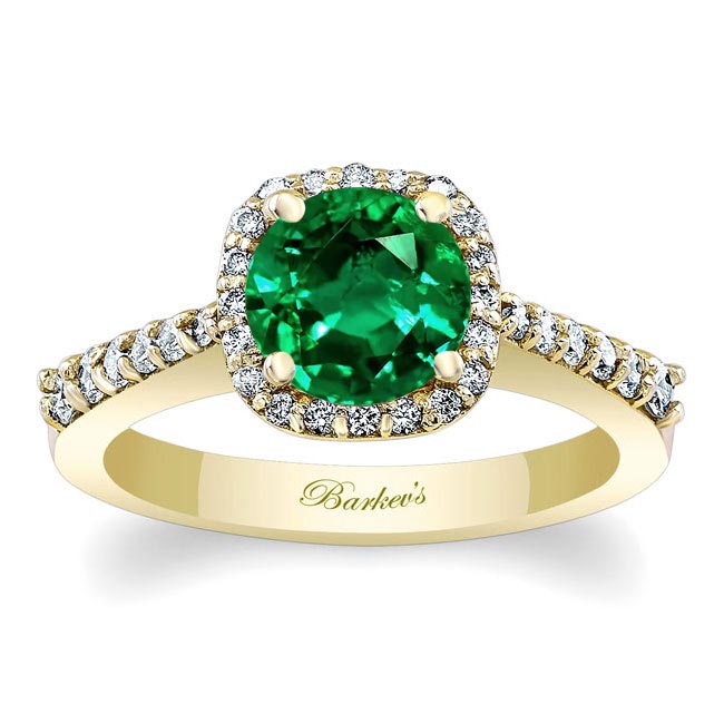 Yellow Gold Round Lab Grown Emerald And Diamond Halo Ring