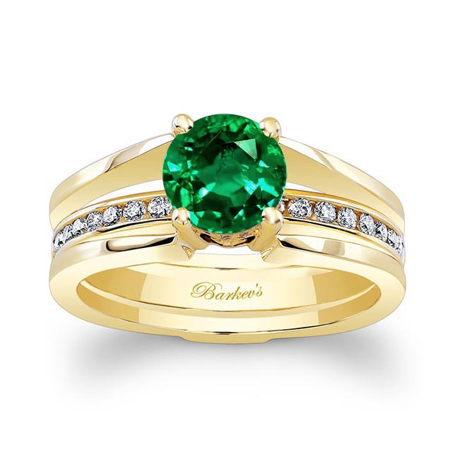 Yellow Gold Interlock Lab Emerald And Diamond Bridal Set