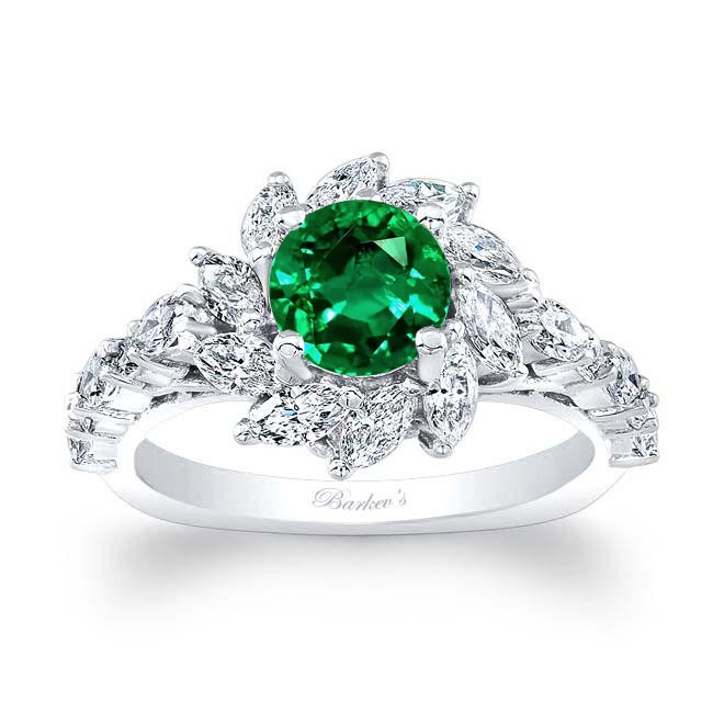 White Gold Lab Emerald And Diamond Sunflower Engagement Ring