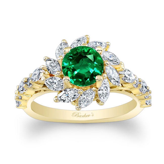 Yellow Gold Lab Emerald And Diamond Sunflower Engagement Ring