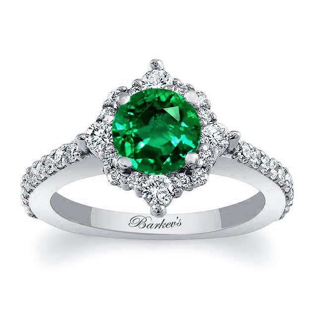 White Gold Classic Halo Lab Emerald And Diamond Engagement Ring