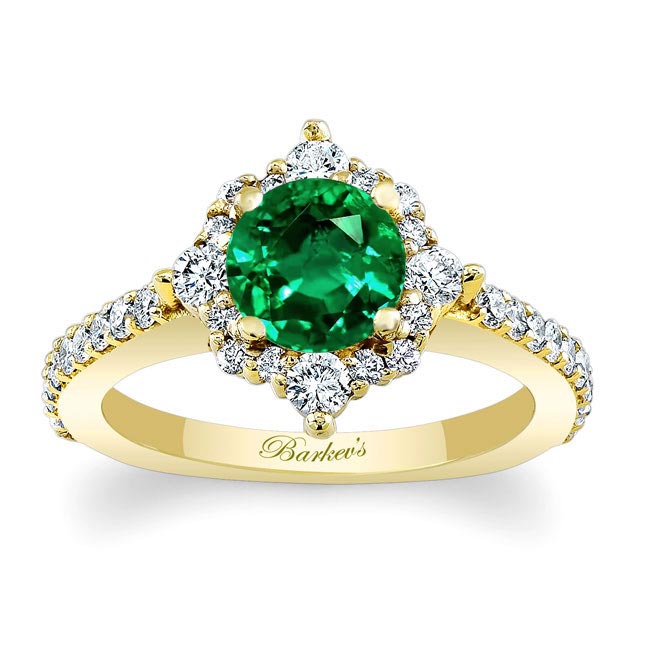 Yellow Gold Classic Halo Emerald And Diamond Engagement Ring