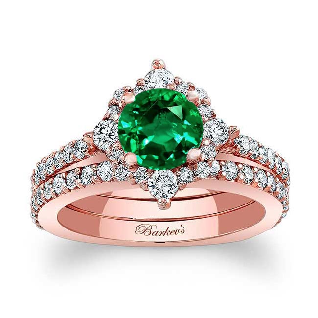 Rose Gold Classic Halo Emerald And Diamond Bridal Set