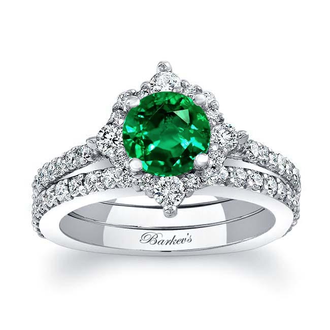 Platinum Classic Halo Emerald And Diamond Bridal Set
