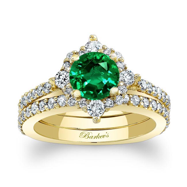 Yellow Gold Classic Halo Emerald And Diamond Bridal Set