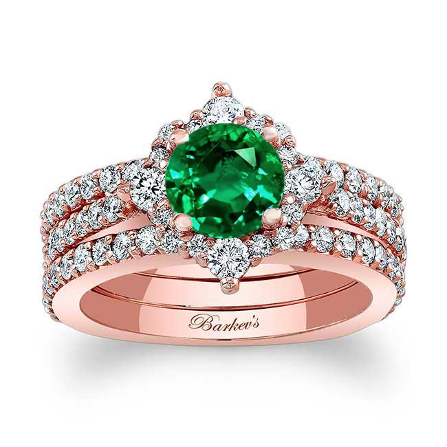 Rose Gold Classic Halo Emerald And Diamond Bridal Set With 2 Bands