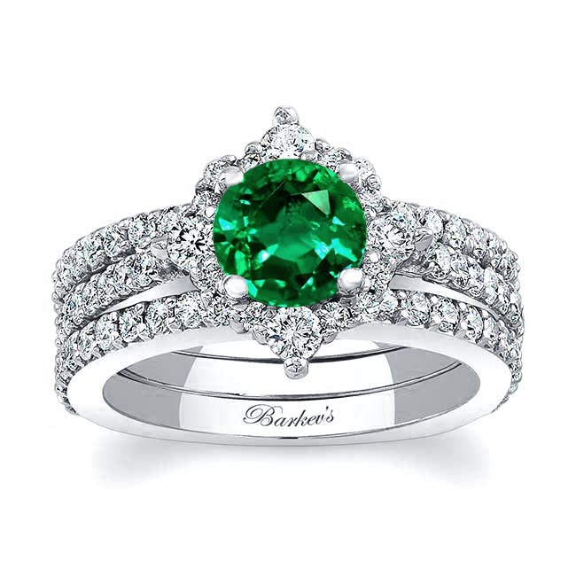 White Gold Classic Halo Emerald And Diamond Bridal Set With 2 Bands