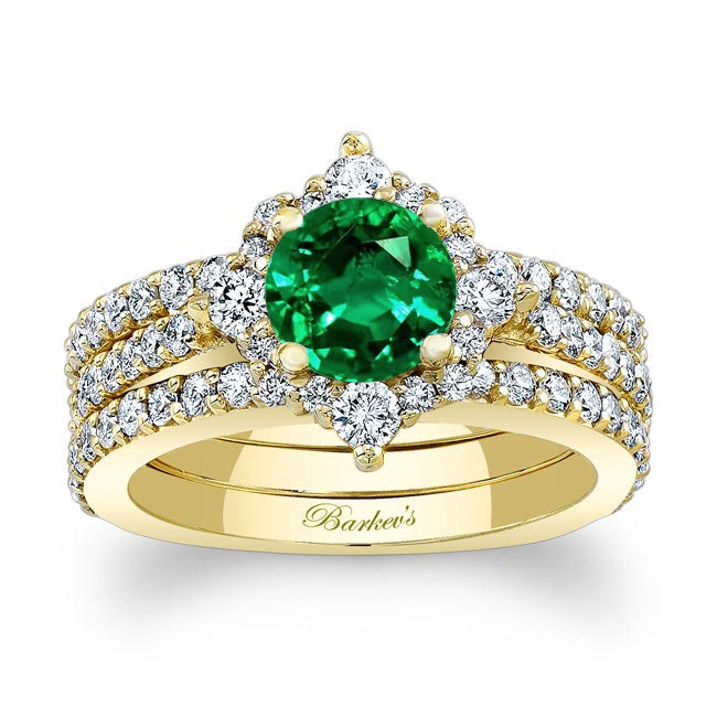 Yellow Gold Classic Halo Emerald And Diamond Bridal Set With 2 Bands