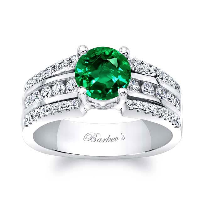 White Gold Round Lab Emerald And Diamond Channel Set Engagement Ring