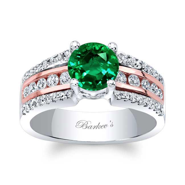 White Rose Gold Round Lab Emerald And Diamond Channel Set Engagement Ring