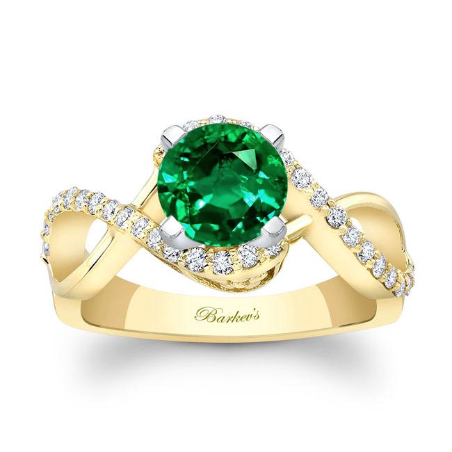 Yellow Gold Lab Emerald And Diamond Infinity Twist Engagement Ring
