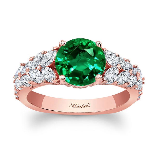 Rose Gold 2 Carat Round Lab Emerald And Diamond Engagement Ring