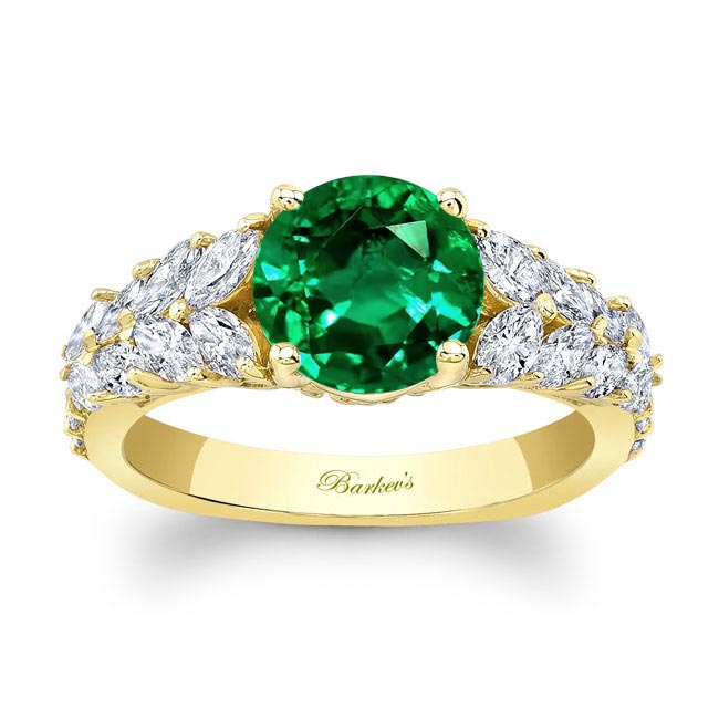 Yellow Gold 2 Carat Round Lab Emerald And Diamond Engagement Ring
