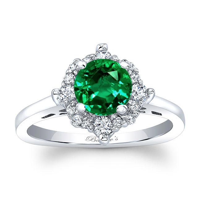 White Gold Round Halo Lab Emerald And Diamond Engagement Ring