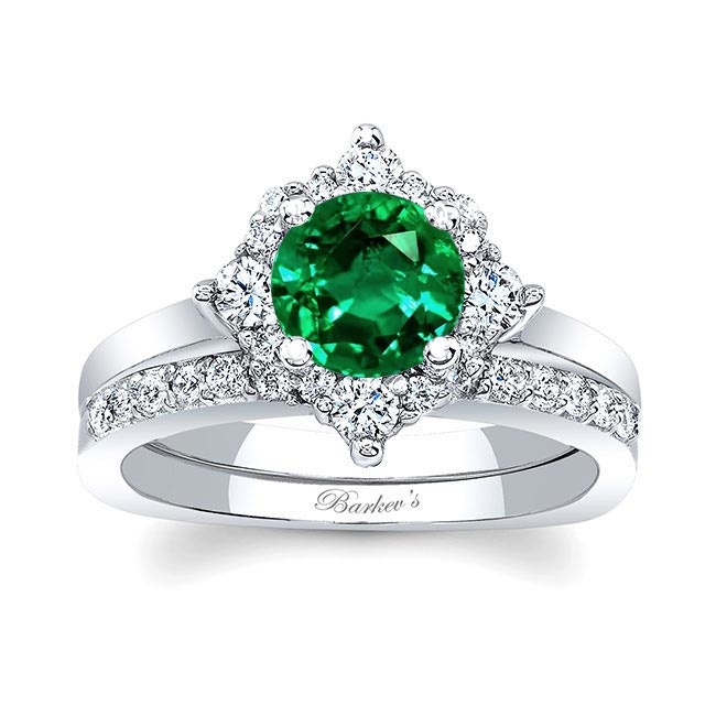 White Gold Round Halo Emerald And Diamond Bridal Set