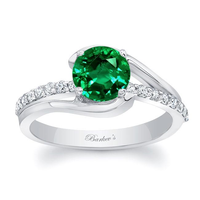 White Gold Simple 1 Carat Round Lab Emerald And Diamond Ring