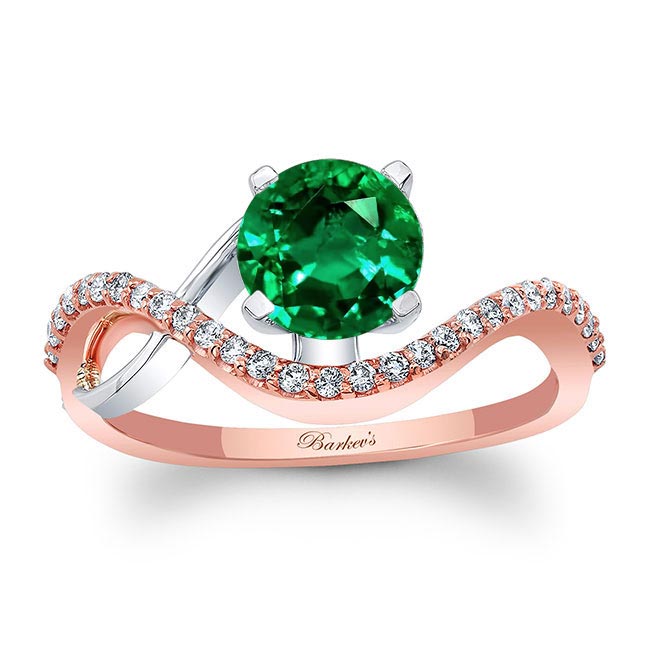 Rose Gold Curved Lab Emerald And Diamond Wedding Ring