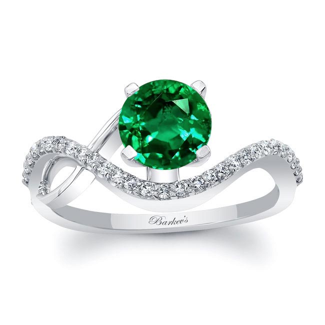 White Gold Curved Lab Emerald And Diamond Wedding Ring