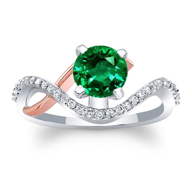 White Rose Gold Curved Lab Emerald And Diamond Wedding Ring